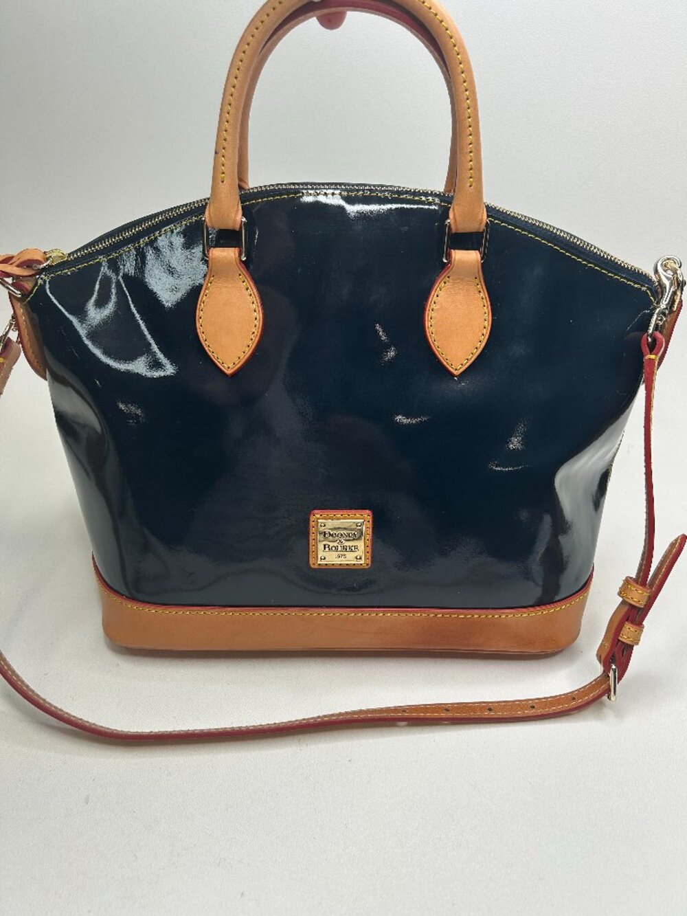 DOONEY & BOURKE Large Dark Navy Patent Leather Satchel Bag Tan Trim & Strap